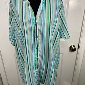 Catherine’s Striped Button-Up Blouse - Green and Blue Size 1X 18/20 CB-80